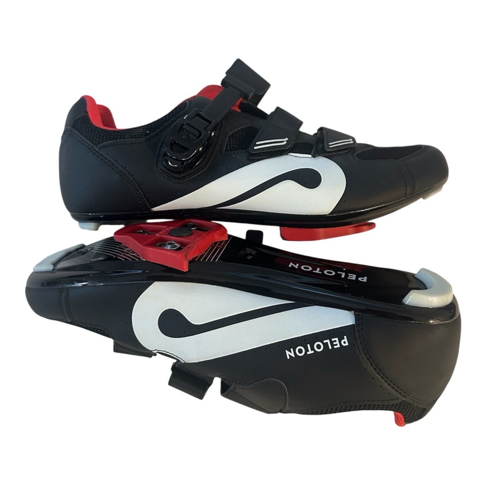*SOLD* Peloton Black and White Clip-In Cycling Shoes with Red Accents (size 45)